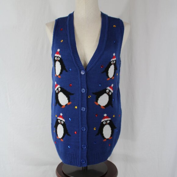 Holiday Christmas Sweater Penguins Vest Blue Acrylic Button Down Size S w/ Gems - Picture 1 of 7